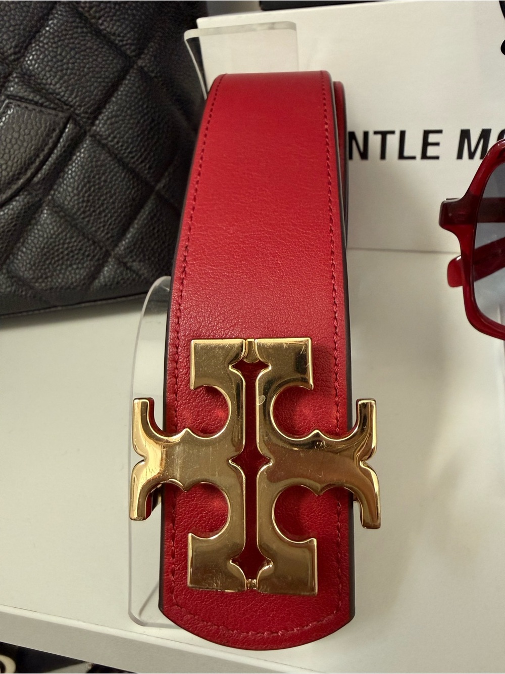Tory Burch Red Leather Belt with Gold Logo Buckle